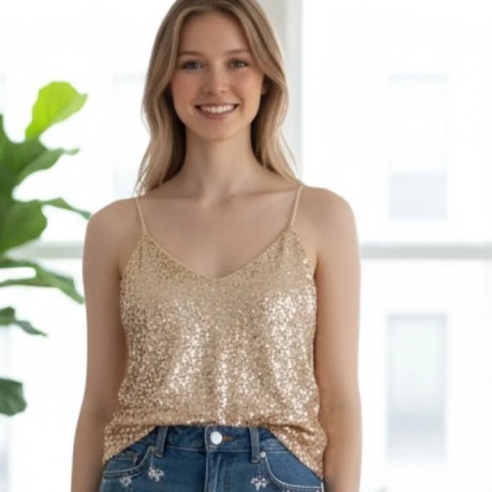 Express Gold Sequin Camisole Top, Size L, by Express